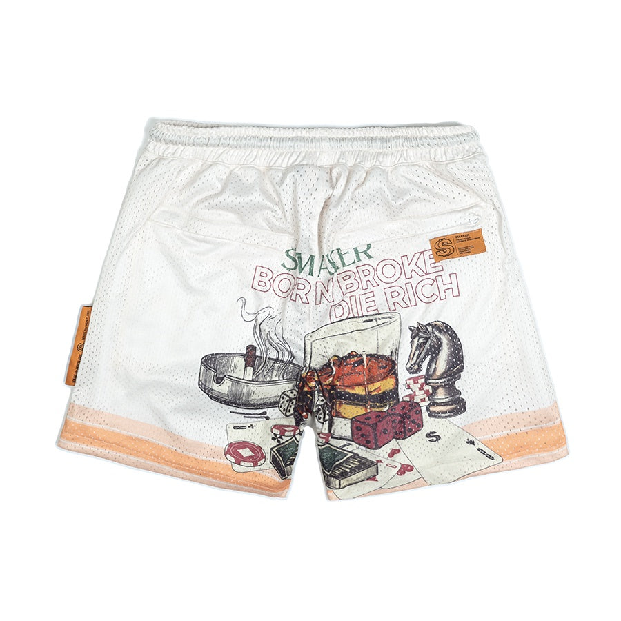 [SMAKER] 100% mesh printed shorts - BORN BROKE DIE RICH MESH SHORT IN CREAM