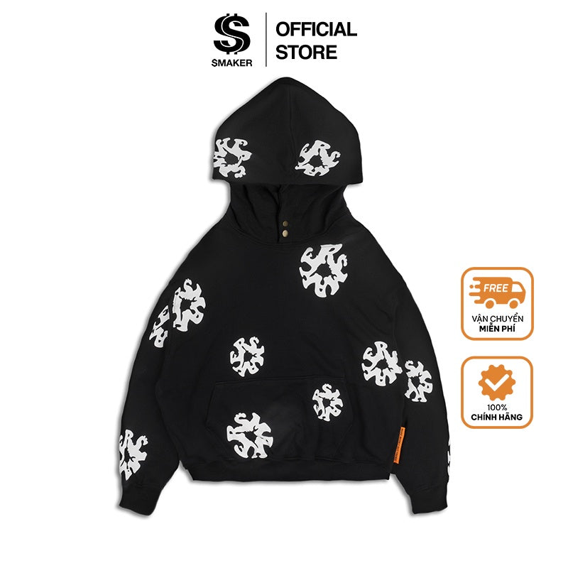 [SMAKER] 100% cotton fleece black floral hoodie - FLORAL LOGO HOODIE IN BLACK