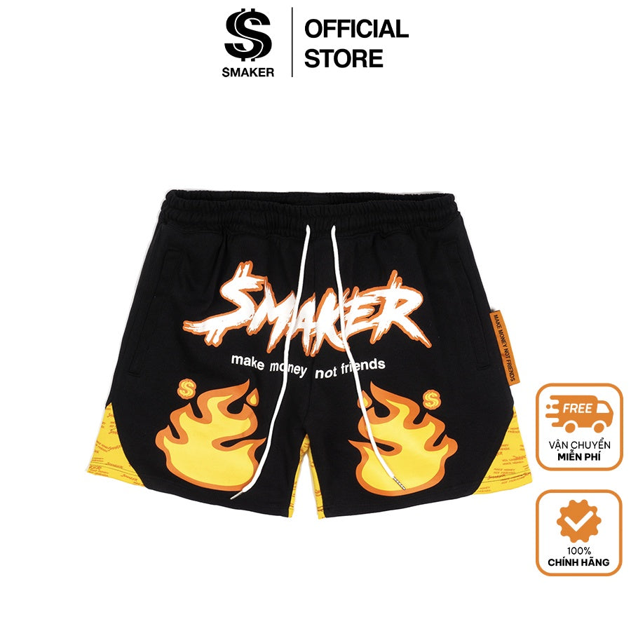 [SMAKER] Cotton flannel shorts with fire print - $MAKER SHORT ON FIRE IN BLACK