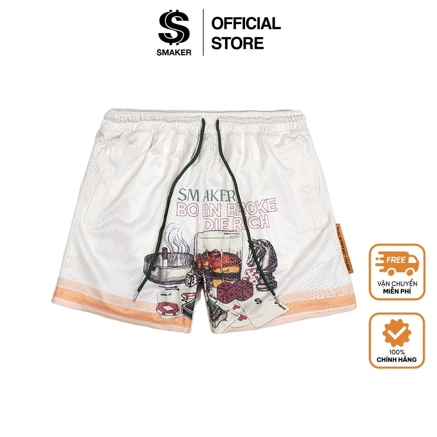 [SMAKER] Quần đùi vải lưới 100% mesh in hình - BORN BROKE DIE RICH MESH SHORT IN CREAM