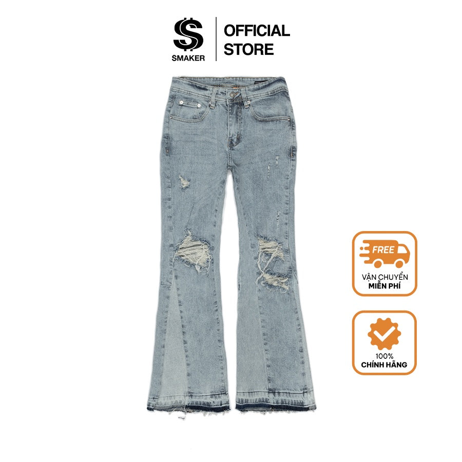 [SMAKER] Quần jeans dài ống loe màu xanh - DISTRESSED FLARE DENIM IN BLUE