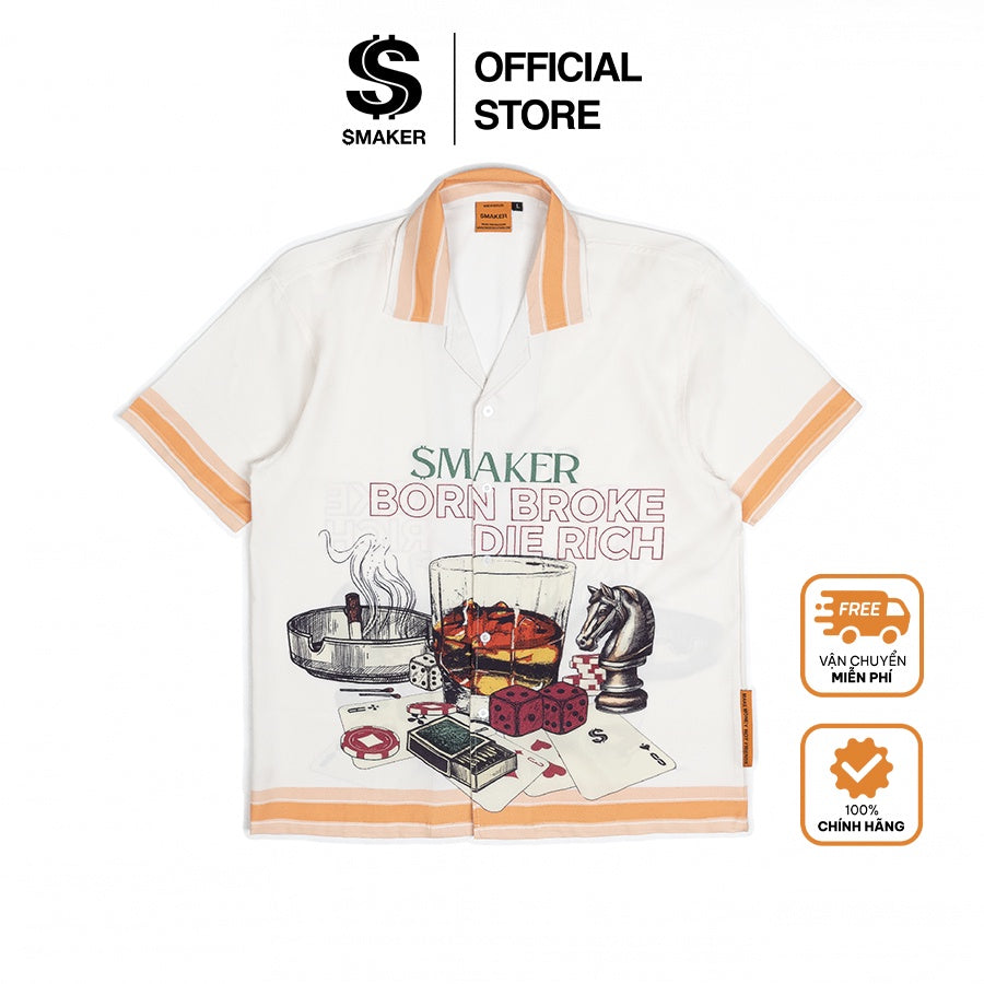 [SMAKER] Unisex shirt for men and women in cream printed mesh fabric - BORN BROKE DIE RICH SHIRT IN CREAM