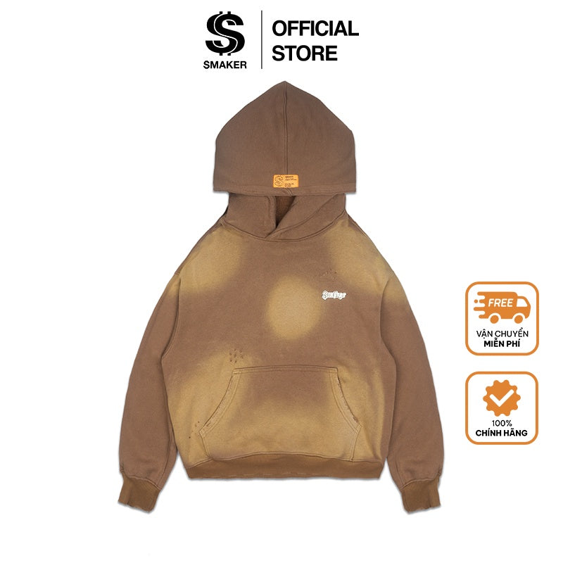 [SMAKER] 100% cotton washed brown hoodie - METAL LOGO WASHED HOODIE IN BROWN