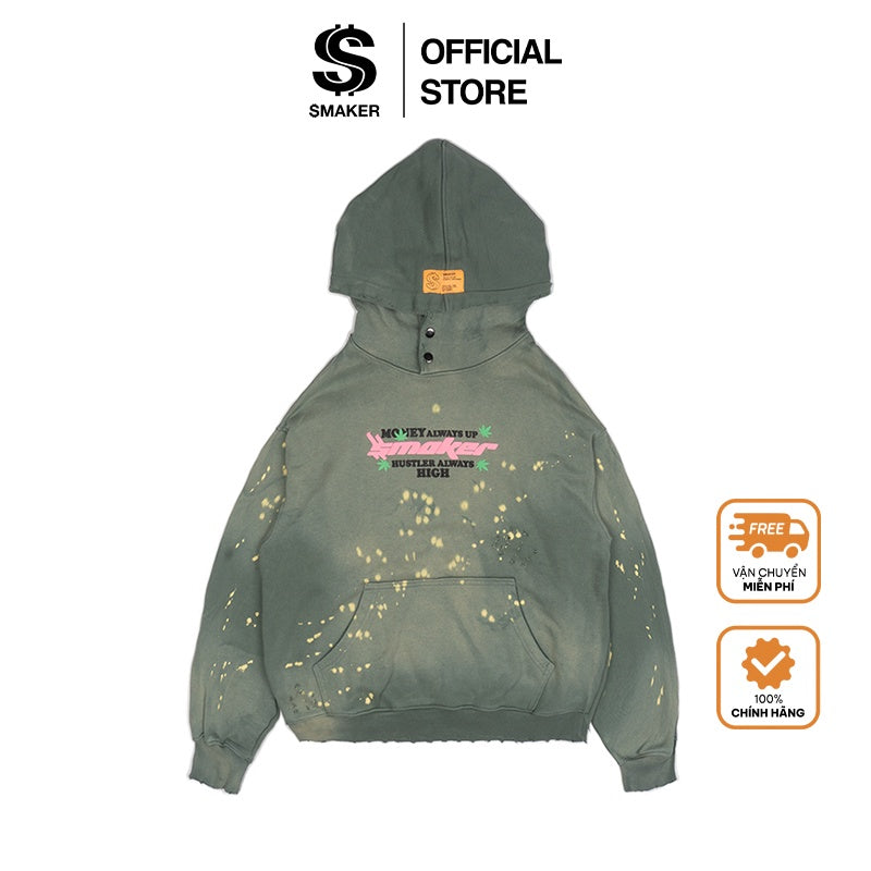 [SMAKER] Áo hoodie 100% cotton vải washed màu xanh lá - MONEY ALWAYS UP WASHED HOODIE IN OLIVE