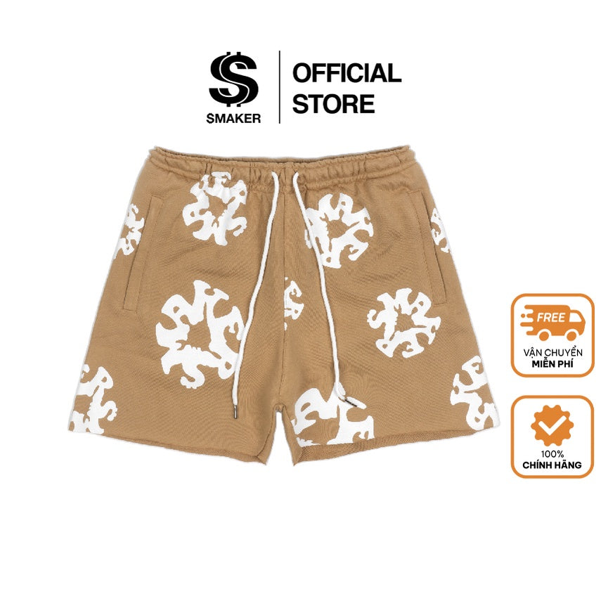 [SMAKER] Brown felt 100% cotton shorts - FLORAL LOGO SHORTS IN BROWN