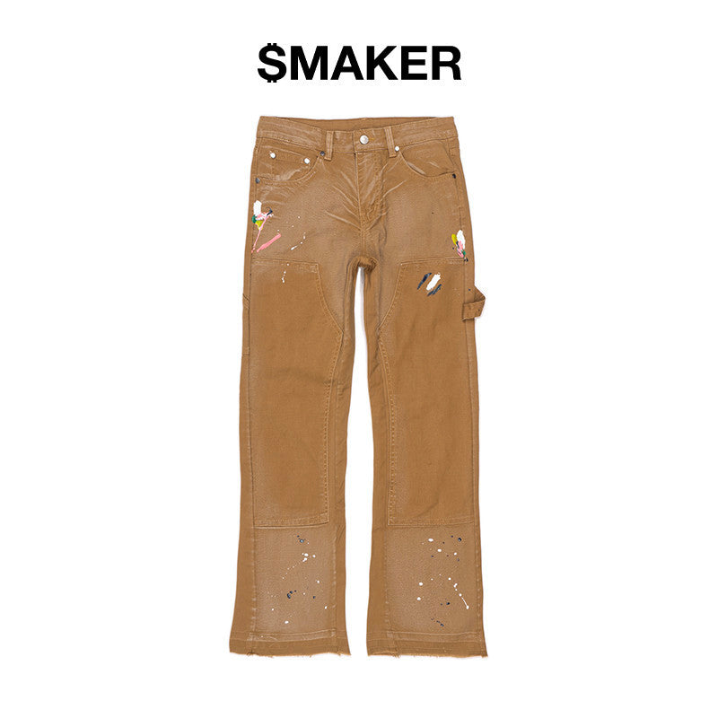 [SMAKER] Customized high-end men's flared jeans with dark brown paint - SPLASHED FLARE JEANS IN OCHRE