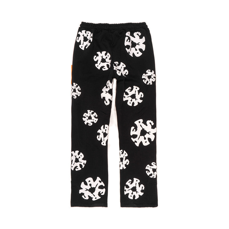 [SMAKER] Black 100% cotton felt pants, floral pattern - FLORAL LOGO SWEAT SPLIT HEM PANTS IN BLACK