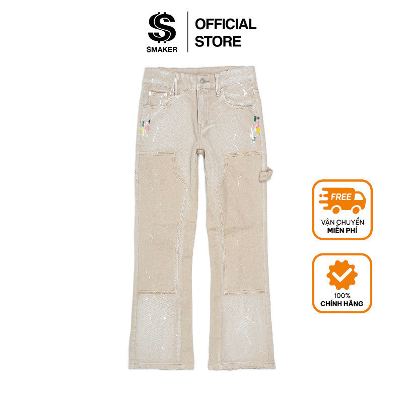 [SMAKER] Men's long jeans in tan color with customized paint - SPLASHED FLARE JEANS IN TAN