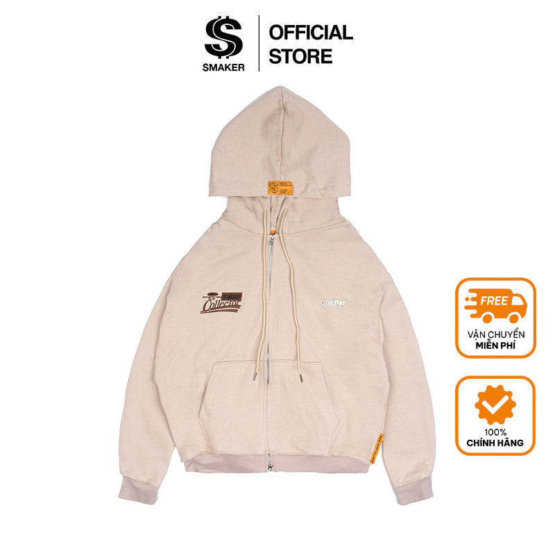 [SMAKER] 100% cotton tan zip jacket - MONEY COLLECTOR HOODIE DOUBLE ZIPS IN TAN