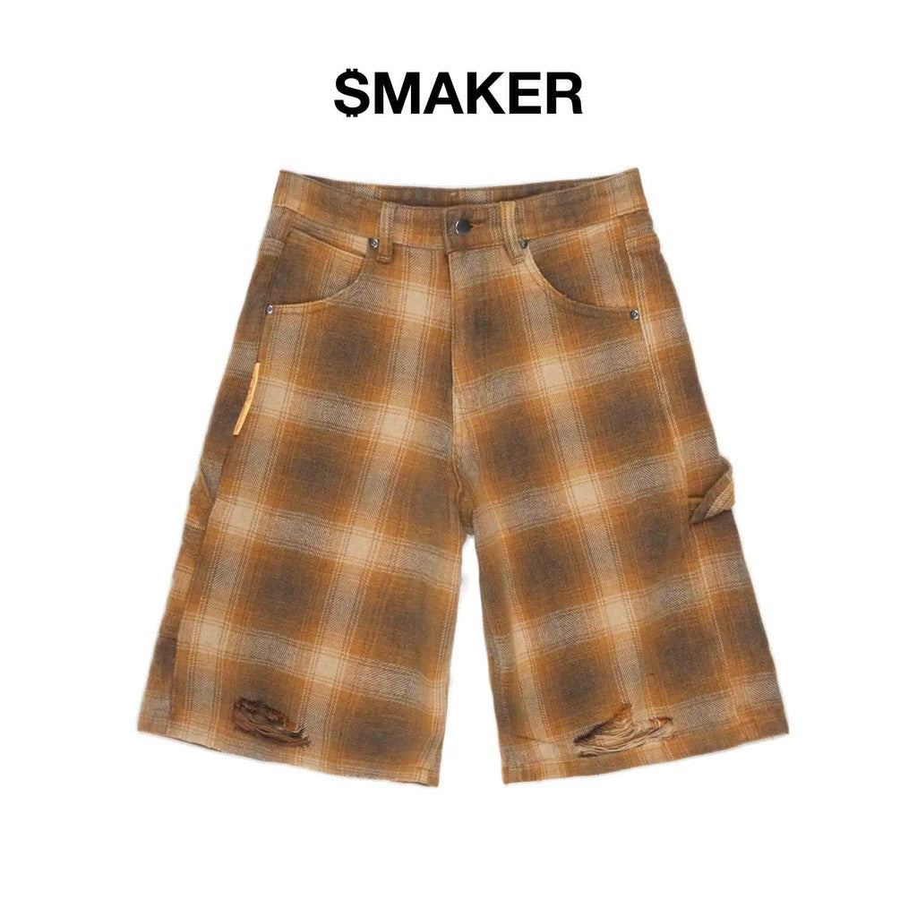 [SMAKER] Quần baggy lửng sọc  ca rô màu nâu vàng vải washed - PLAID WASHED BAGGY SHORT
