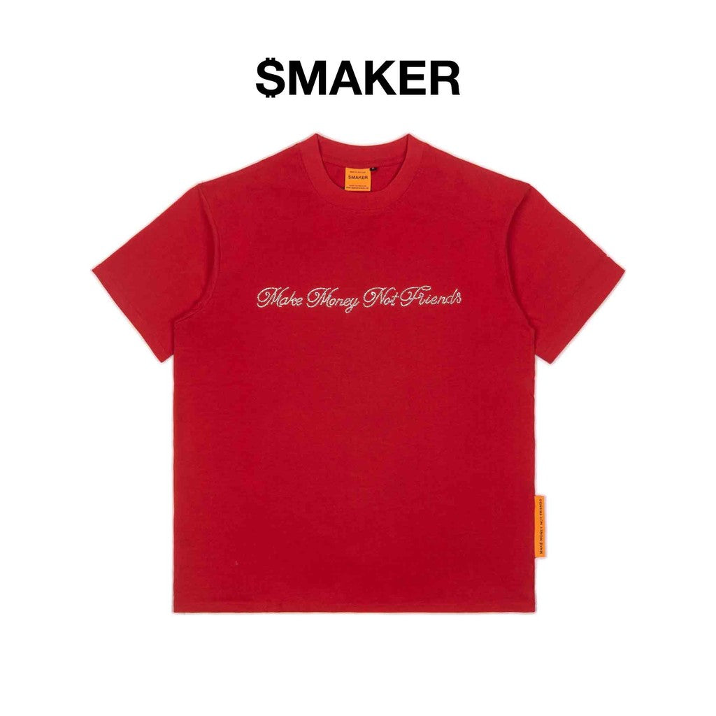[SMAKER] 100% cotton red T-shirt with rhinestones saying "make money not friends" - ICED OUT MMNF TEE IN RED