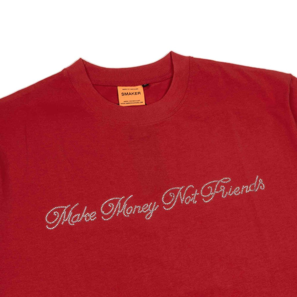 [SMAKER] 100% cotton red T-shirt with rhinestones saying "make money not friends" - ICED OUT MMNF TEE IN RED