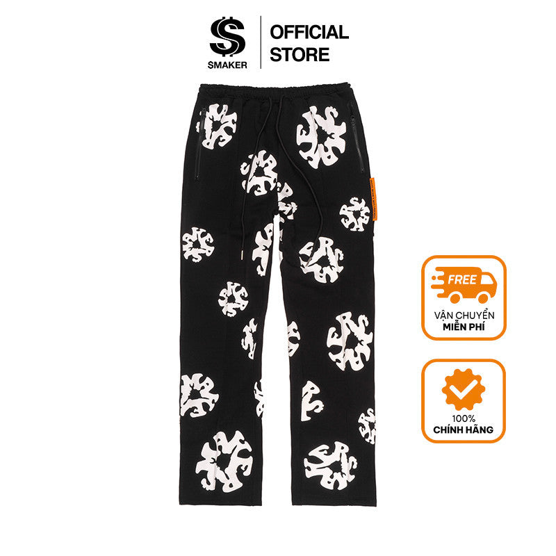 [SMAKER] Black 100% cotton felt pants, floral pattern - FLORAL LOGO SWEAT SPLIT HEM PANTS IN BLACK