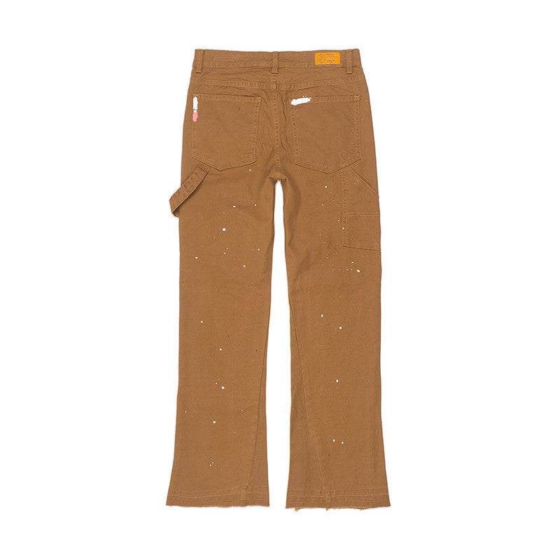 [SMAKER] Customized high-end men's flared jeans with dark brown paint - SPLASHED FLARE JEANS IN OCHRE