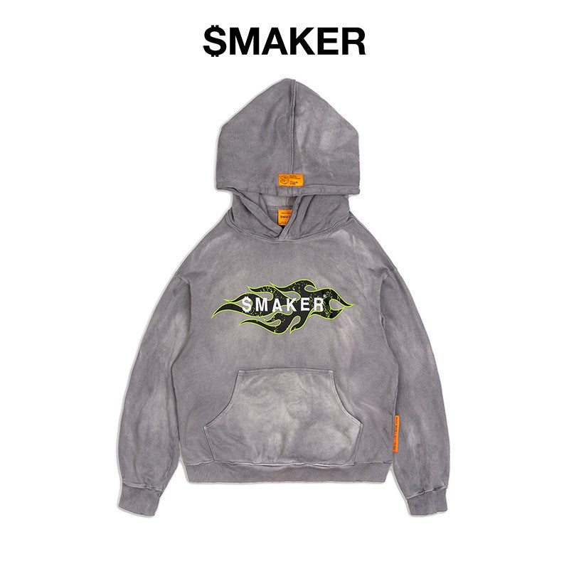 [SMAKER] Áo hoodie xám 100% cotton washed oversize - TRIBAL LOGO WASHED HOODIE IN GREY