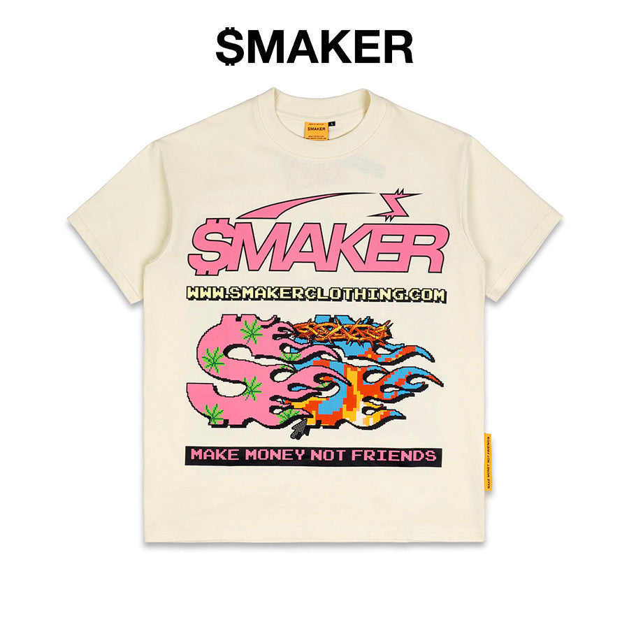 [SMAKER] 100% cotton T-shirt with fire logo printed - DUAL FIRE LOGOS TEE IN CREAM