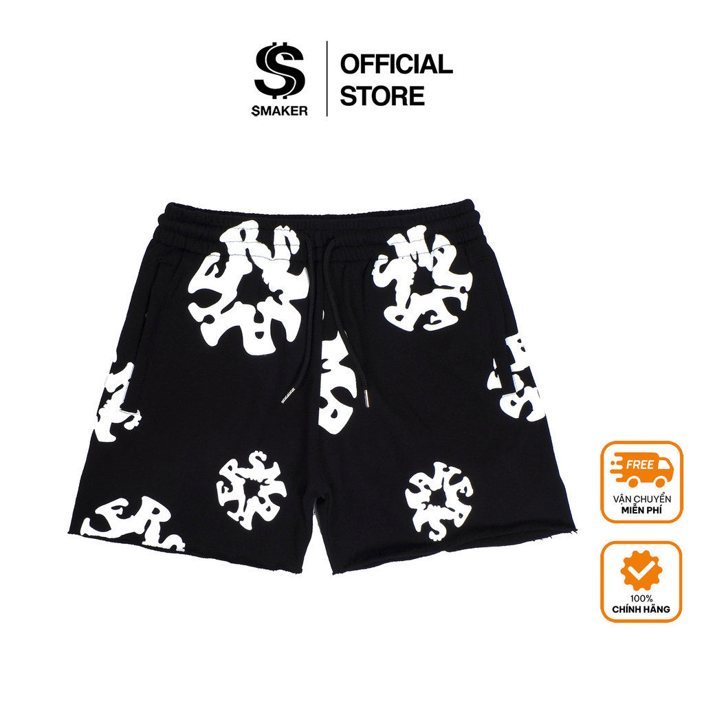 [SMAKER] Black floral cotton felt shorts - FLORAL LOGO SHORTS IN BLACK