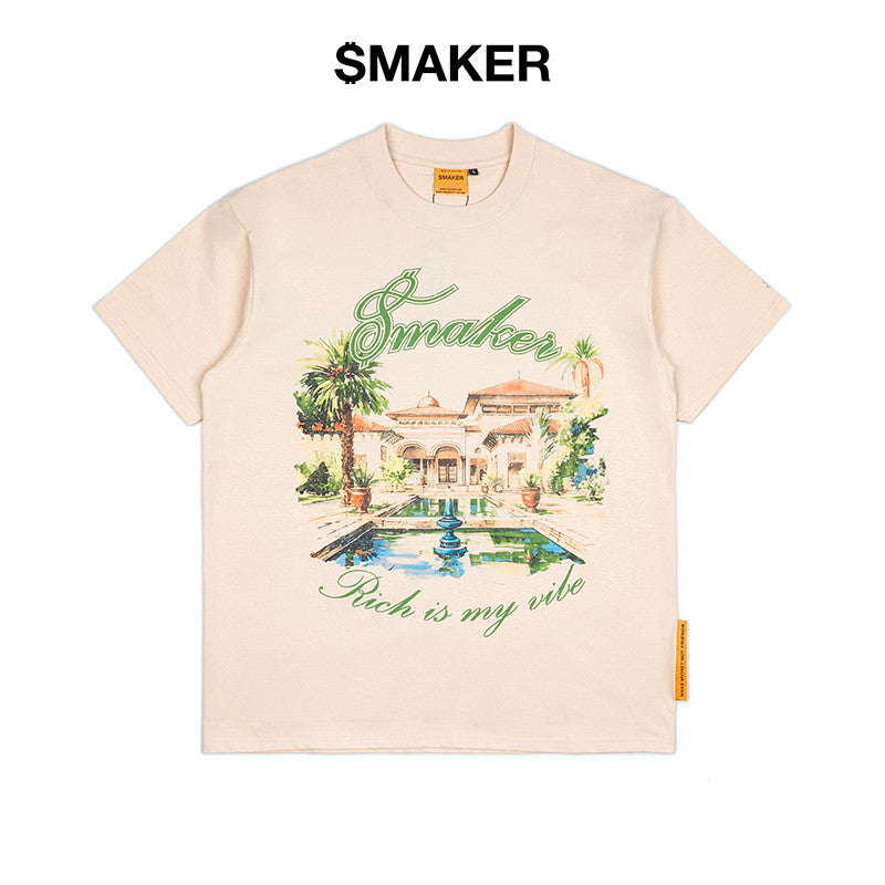 [SMAKER] Cream color 100% cotton t-shirt - RICH IS MY VIBE TEE IN TAN