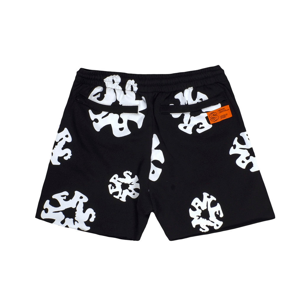 [SMAKER] Black floral cotton felt shorts - FLORAL LOGO SHORTS IN BLACK