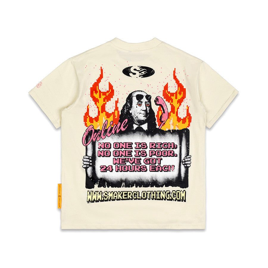 [SMAKER] 100% cotton T-shirt with fire logo printed - DUAL FIRE LOGOS TEE IN CREAM