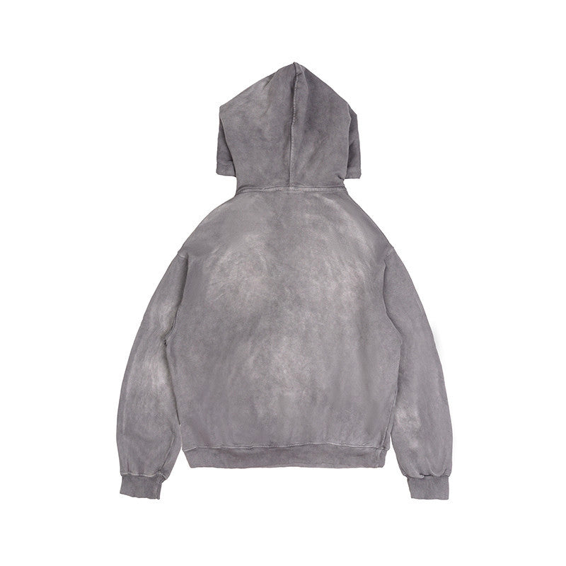 [SMAKER] 100% cotton washed oversize gray hoodie - TRIBAL LOGO WASHED HOODIE IN GRAY