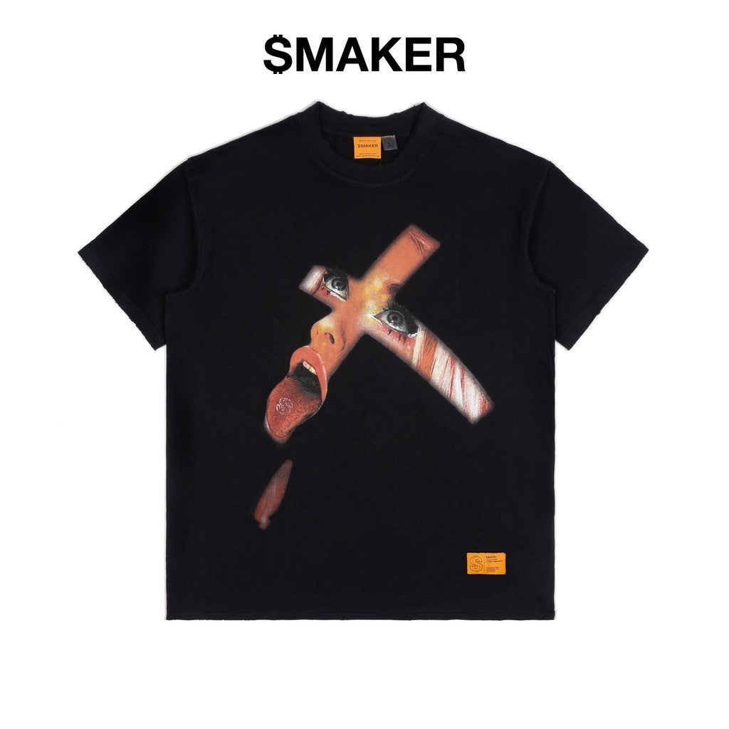 [SMAKER] 100% cotton washed black T-shirt - CROSS FACE WASHED TEE IN BLACK