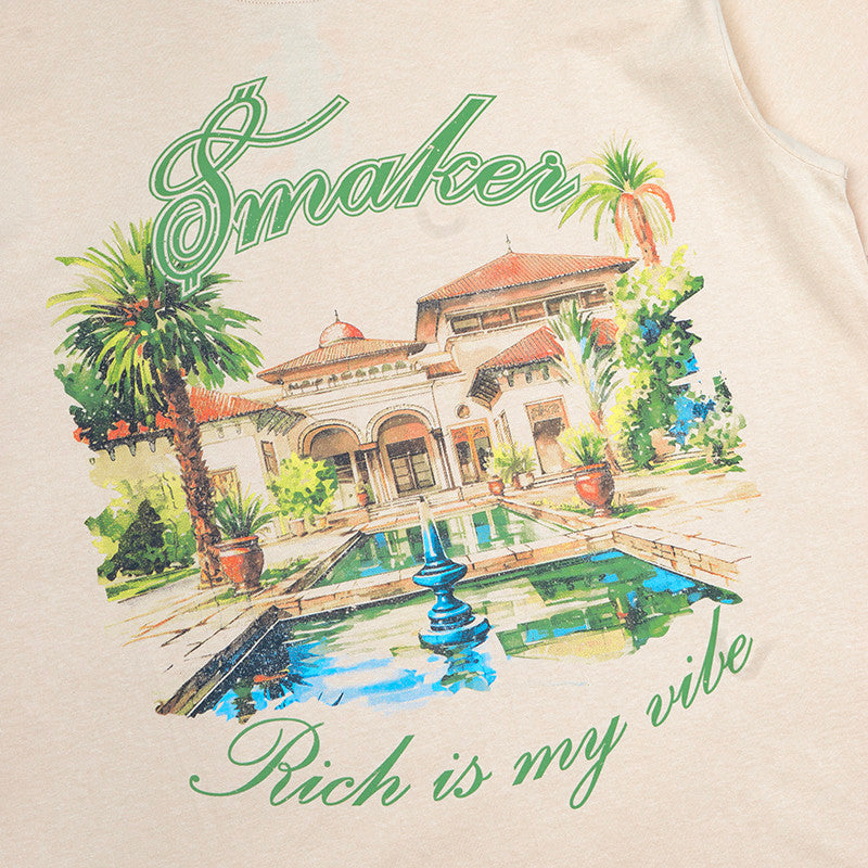 [SMAKER] Cream color 100% cotton t-shirt - RICH IS MY VIBE TEE IN TAN