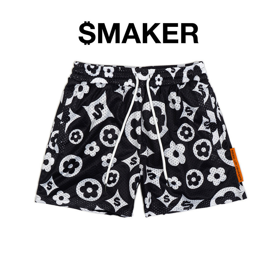 [SMAKER] Airy black floral print mesh shorts - FLOWER LOGO MESH SHORTS IN BLACK