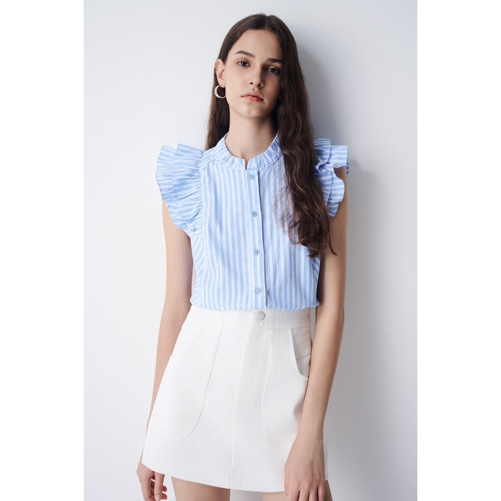 Women's Blue Plaid Ruffle Sleeve Shirt TITITAL SHIRT_DXA160070