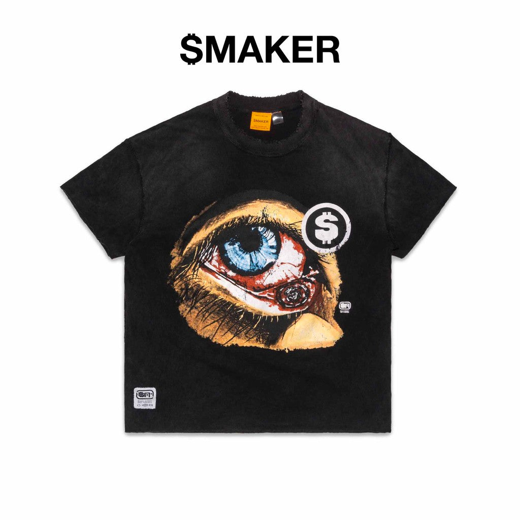 [SMAKER] Áo thun 100% cotton washed hình mắt màu đen - THE EYE SHORT SLEEVES WASHED TEE IN BLACK