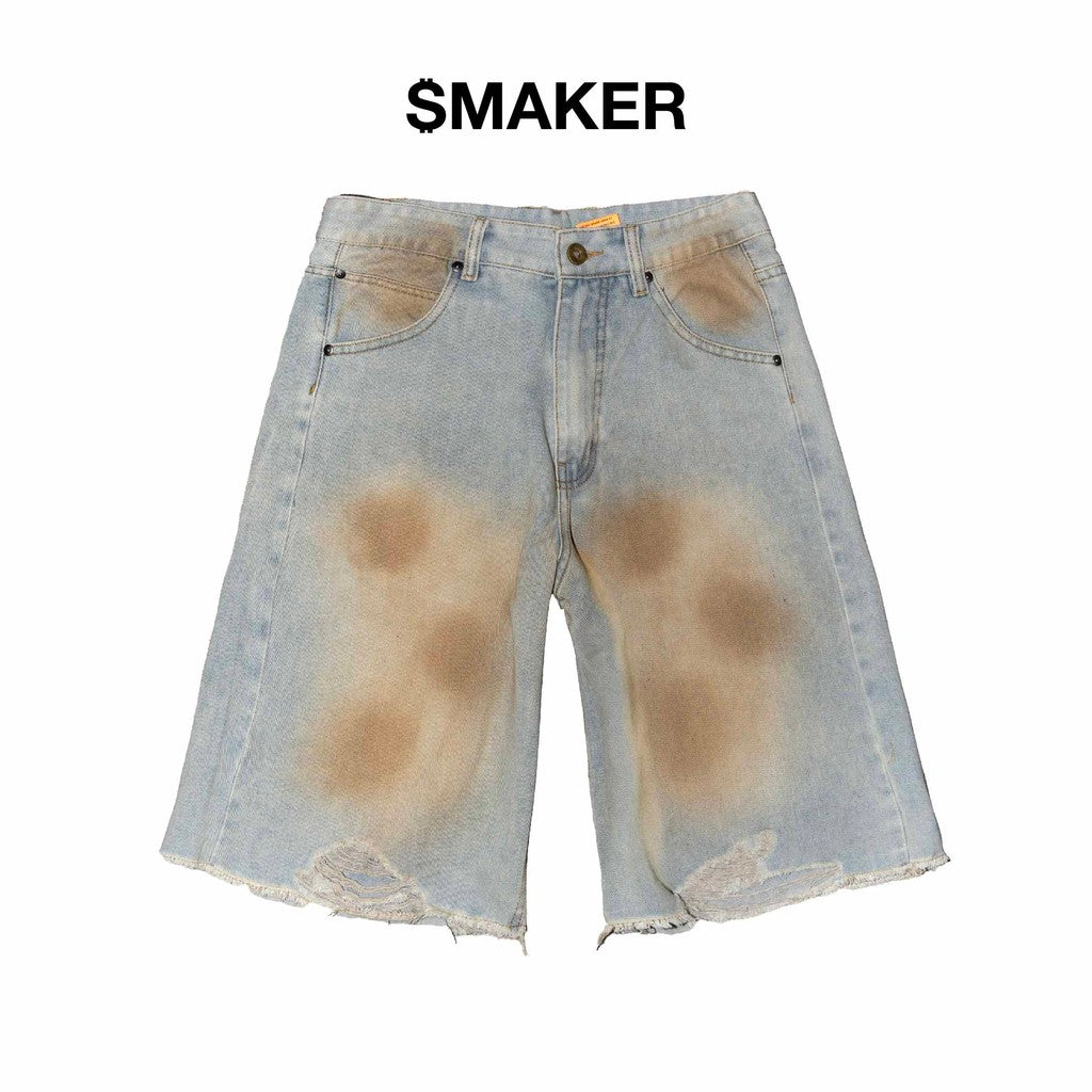 [SMAKER] Quần đùi jeans lửng màu xanh washed - DISTRESSED WASHED BAGGY JEANS IN DIRT