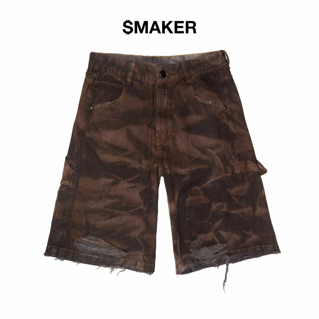 [SMAKER] Quần đùi jean lửng màu nâu style nhàu - WRINKLE WASHED BAGGY JEANS IN BROWN