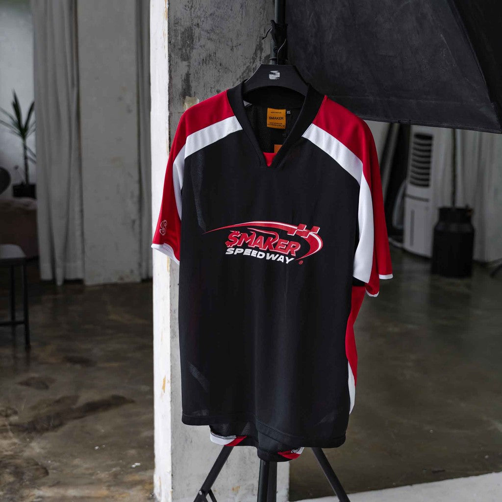 [SMAKER] Unisex t-shirt in gray and red cotton fabric - $MAKER SPEEDWAY SOCCER JERSEY IN BLACK/RED