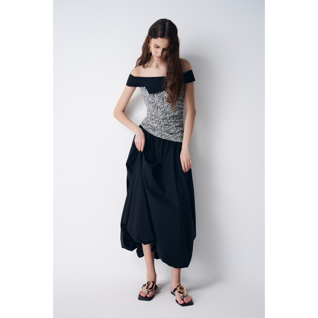 Unique Black and Gray Off-the-Shoulder Long Flared Dress for Women YUJI DRESS_U3FWH2409107