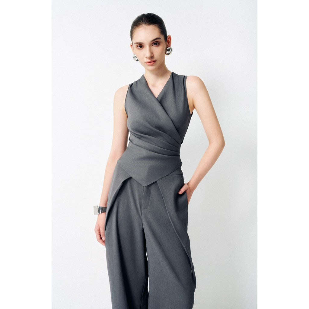 Women's Gray Trendy Pleated Sleeveless Shirt ASTA TOP_DXA71058