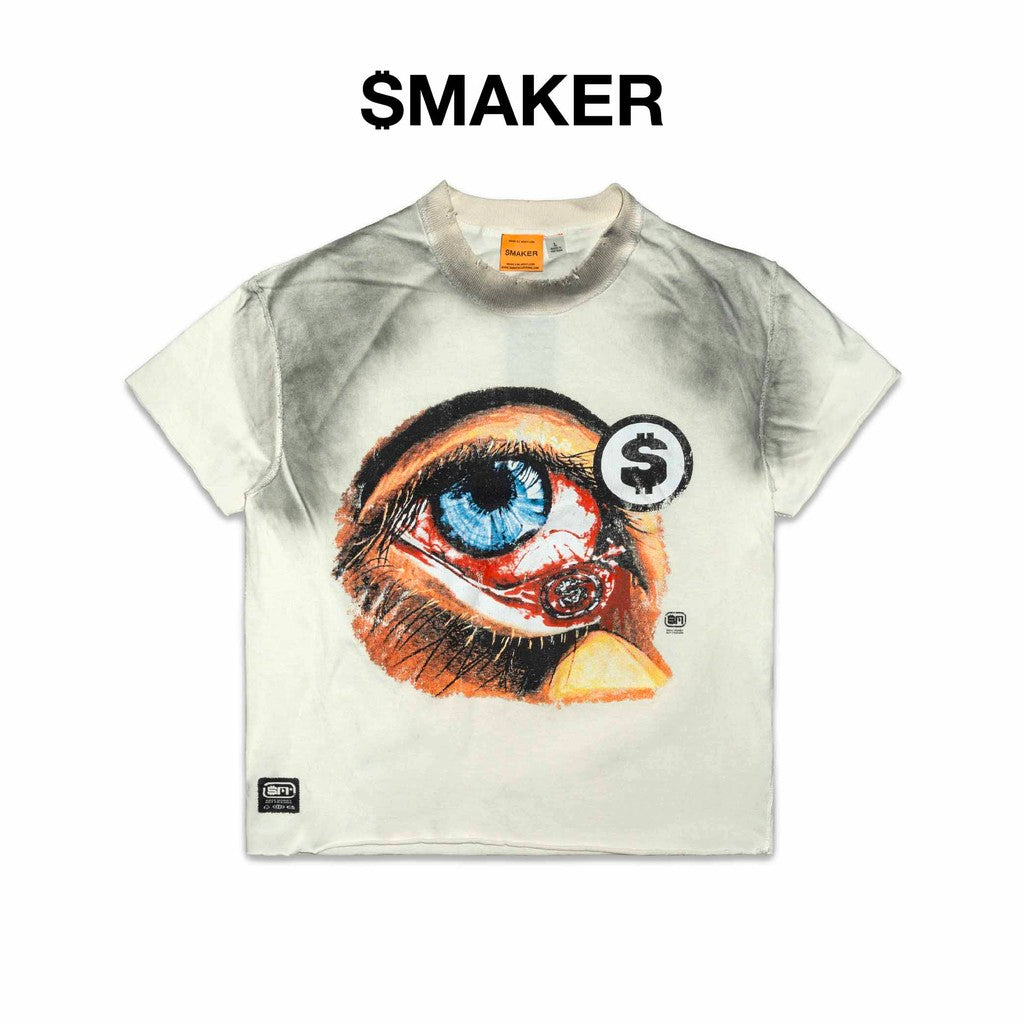 [SMAKER] Áo thun 100% cotton washed hình mắt màu trắng - THE EYE SHORT SLEEVES WASHED TEE IN WHITE