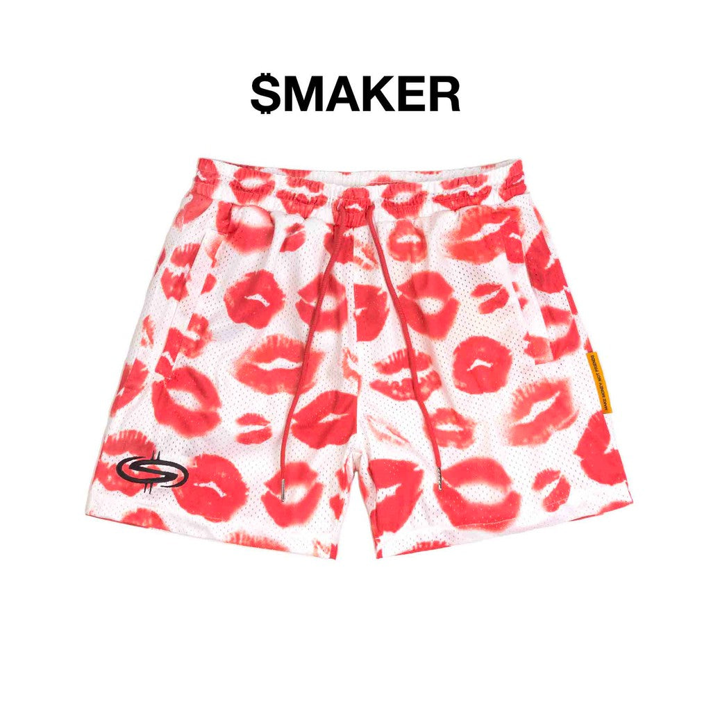 [SMAKER] Quần đùi ngắn in hình môi đỏ vải lưới màu trắng - THE KI$$ MESH SHORT IN WHITE