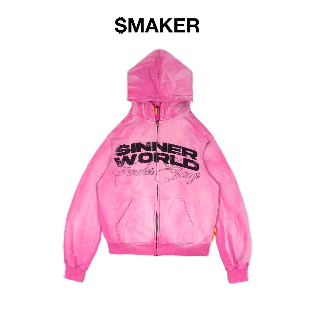 [SMAKER] 100% cotton washed zip-up hoodie in pink - $INNER WORLD WASHED HOODIE IN PINK