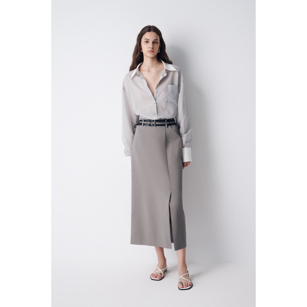 LUMIA LONG SKIRT_U2TWH2409076 Elegant Basic Gray Side Slit Long Skirt