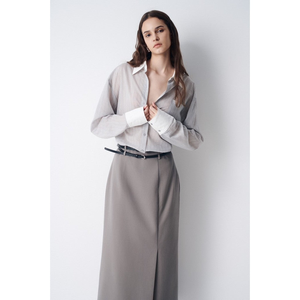 LUMIA LONG SKIRT_U2TWH2409076 Elegant Basic Gray Side Slit Long Skirt