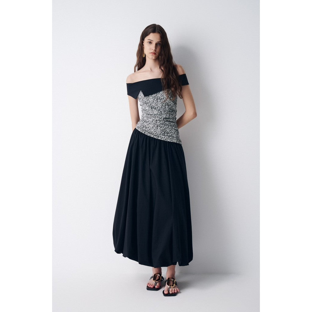 Unique Black and Gray Off-the-Shoulder Long Flared Dress for Women YUJI DRESS_U3FWH2409107