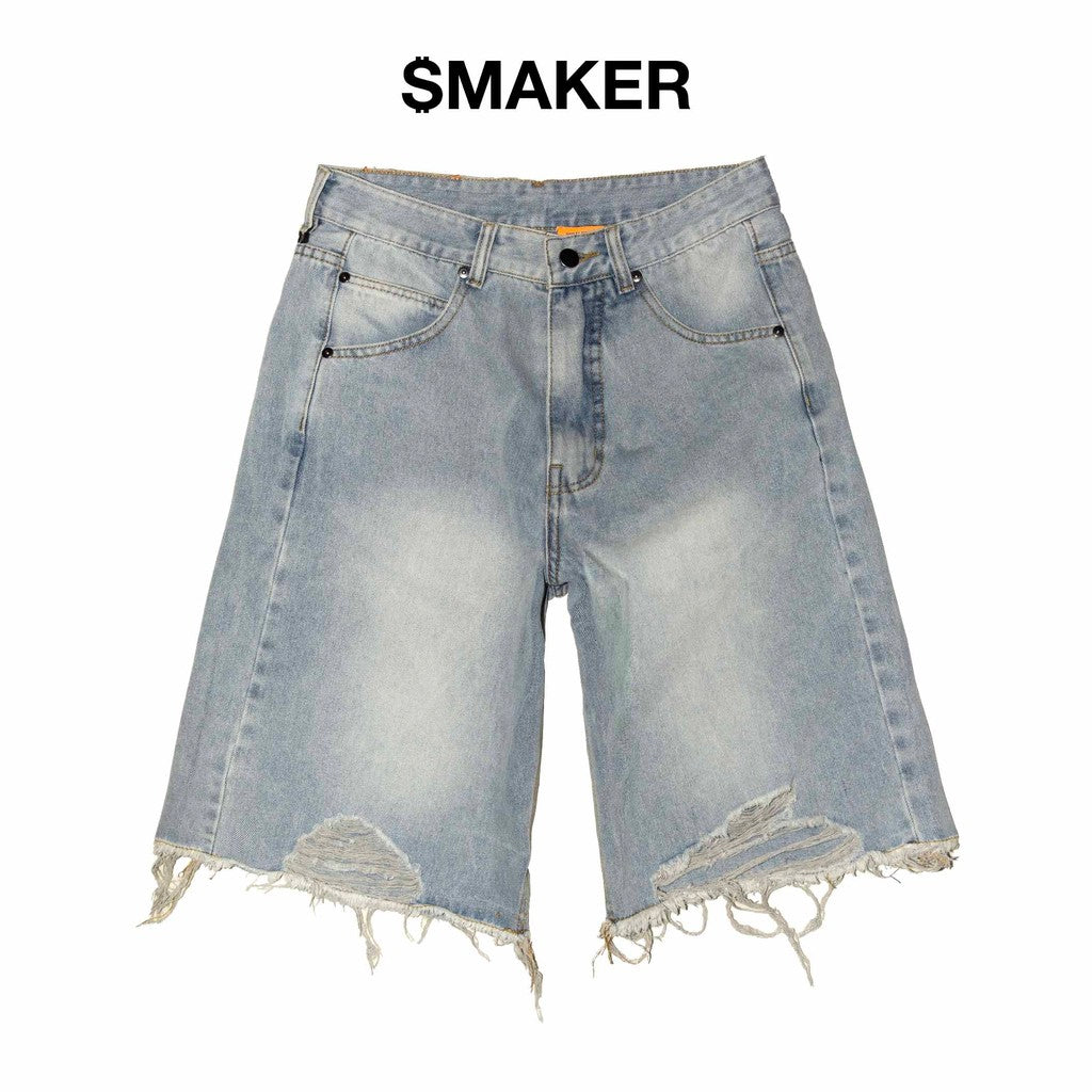 [SMAKER] Quần đùi jeans lửng màu xanh lợt - DISTRESSED WASHED BAGGY JEANS IN BLUE