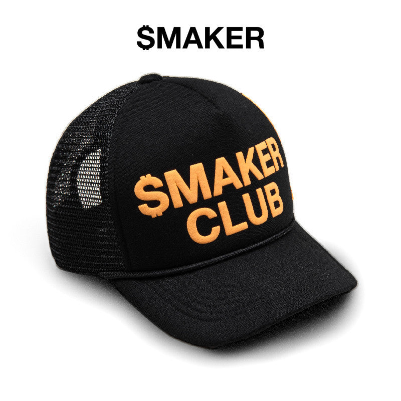 [SMAKER] Mũ lưỡi trai nón chất liệu lưới và poly màu đen chữ cam - SMAKER CLUB TRUCK HAT IN DARK BLACK