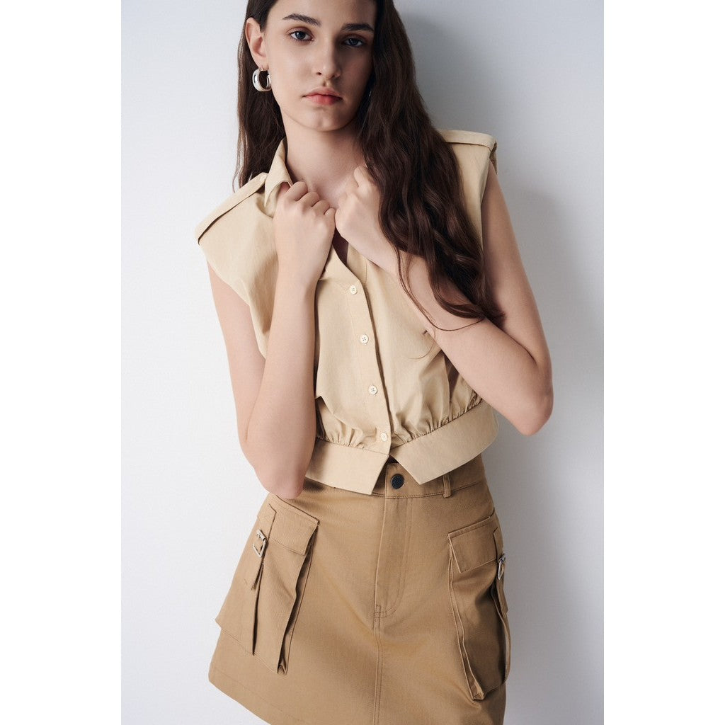 A-line Skirt with Box Pockets for Women, Short, Beige, Youthful URI SKIRT_DXCV70394