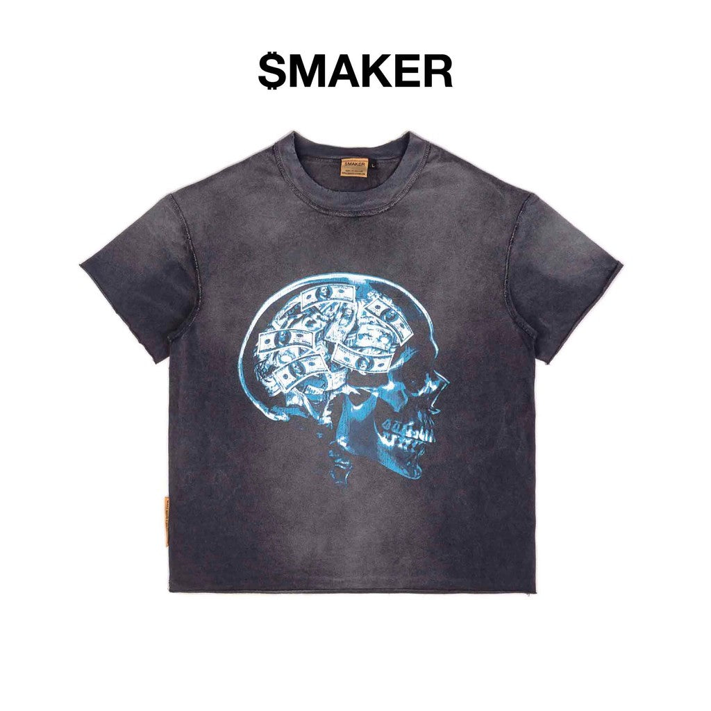 [SMAKER] Unisex 100% cotton washed gray t-shirt - MONEY IN MY MIND WASHED TEE IN GRAY