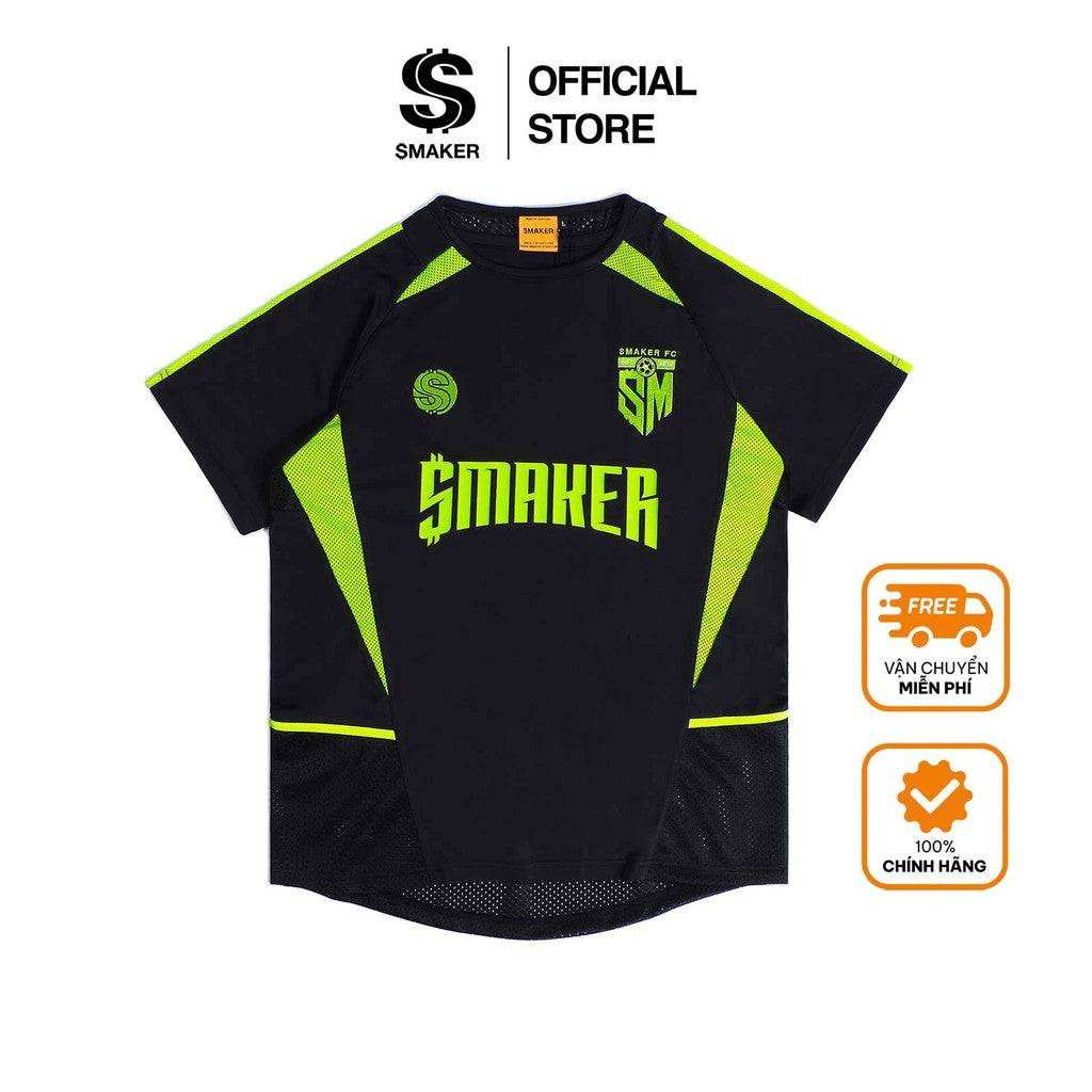 [SMAKER] Áo đá banh màu neon 100% vải lưới màu đen phối xanh lá neon - JERSEY SOCCER TEE