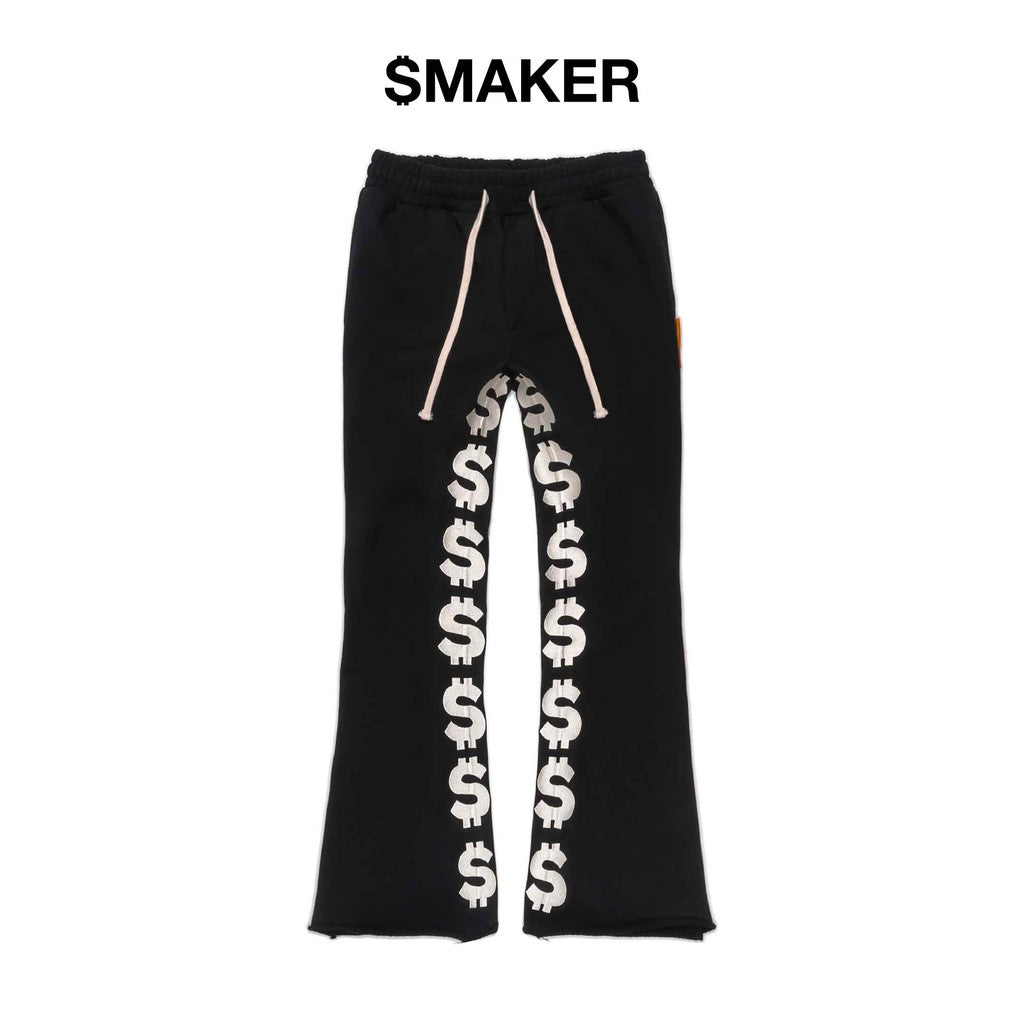 [SMAKER] 100% cotton black flannel flared pants - LOGO STRIPES FLARE SWEAT PANTS