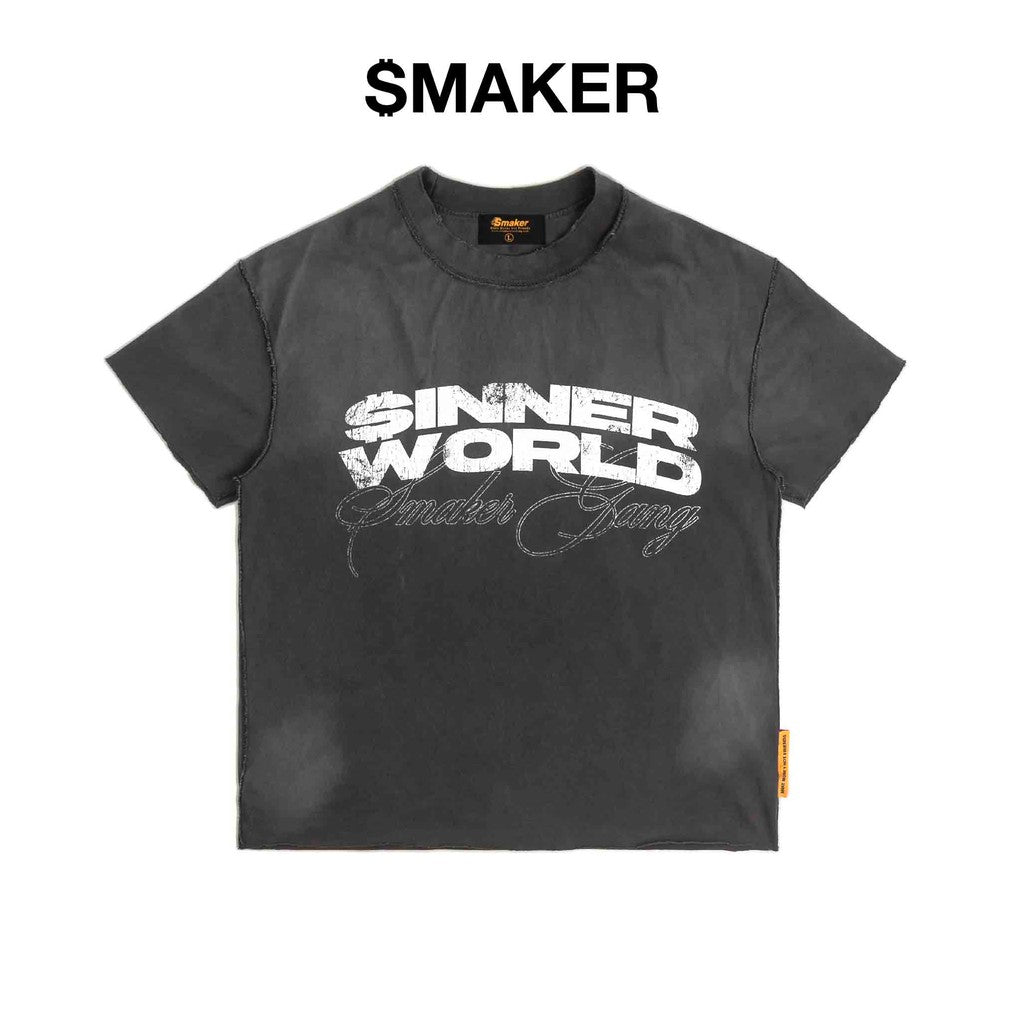 [SMAKER] 100% cotton washed gray unisex t-shirt - SINNER WORLD WASHED TEE IN GRAY