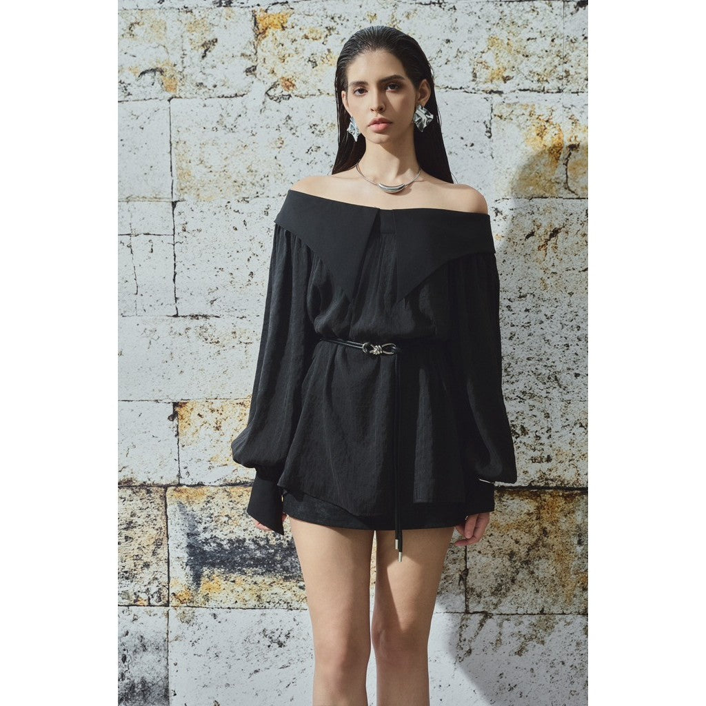 Women's Black Off-the-Shoulder Long Straight Shirt AMI TOP_DXA160084