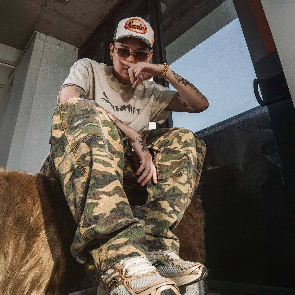 [SMAKER] Quần dài hoạ tiết lính bộ đội màu xanh lá - CAMO DOUBLE KNEES PANTS
